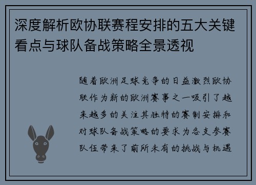 深度解析欧协联赛程安排的五大关键看点与球队备战策略全景透视 深度解析欧协联赛程安排的五大关键看点与球队备战策略全景透视