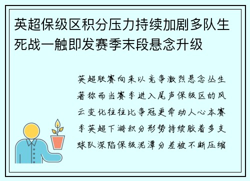 英超保级区积分压力持续加剧多队生死战一触即发赛季末段悬念升级 英超保级区积分压力持续加剧多队生死战一触即发赛季末段悬念升级